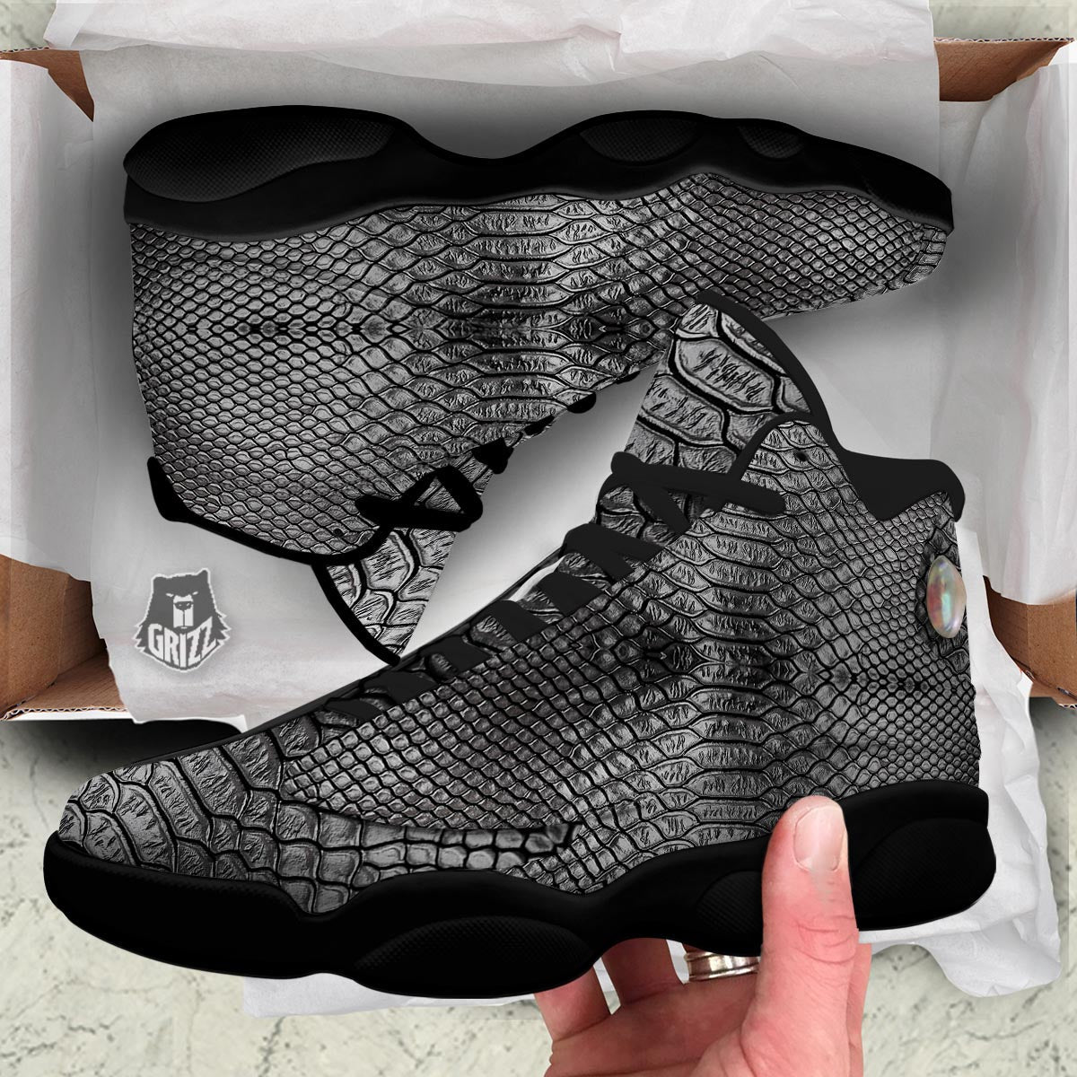 Snakeskin Black And Tan Print Pattern Black Basketball Shoes-grizzshop