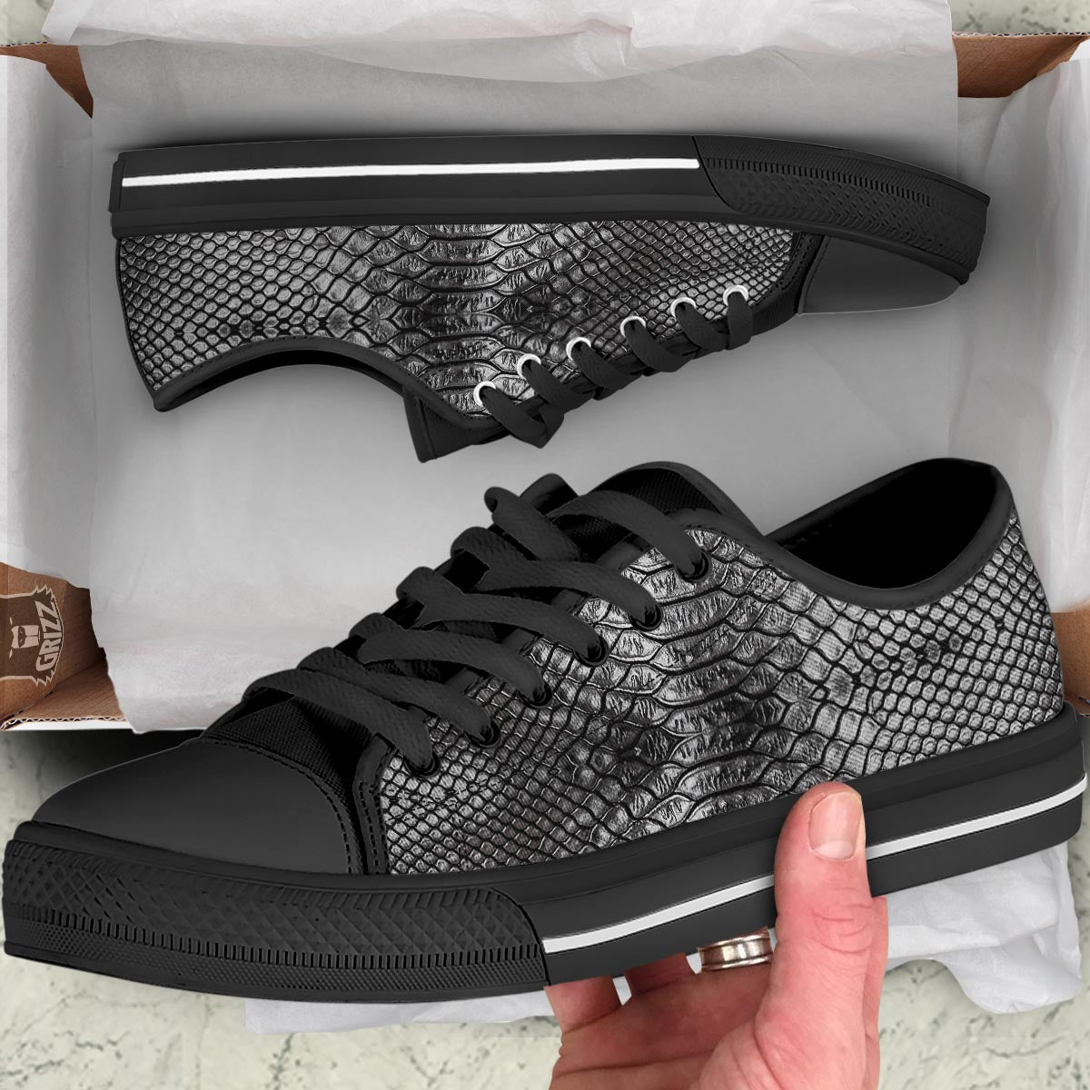 Snakeskin Black And Tan Print Pattern Black Low Top Shoes-grizzshop