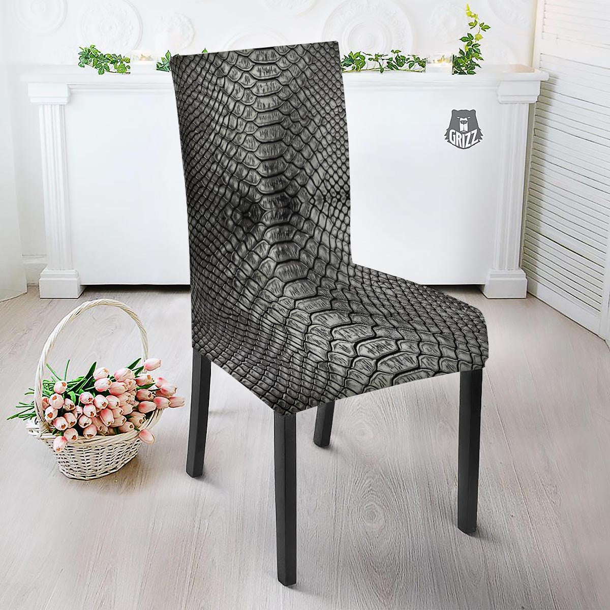Snakeskin Black And Tan Print Pattern Dining Chair Slipcover-grizzshop