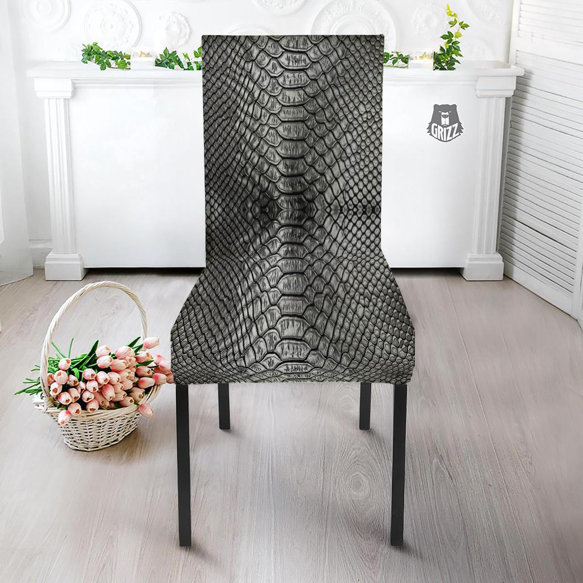 Snakeskin Black And Tan Print Pattern Dining Chair Slipcover-grizzshop