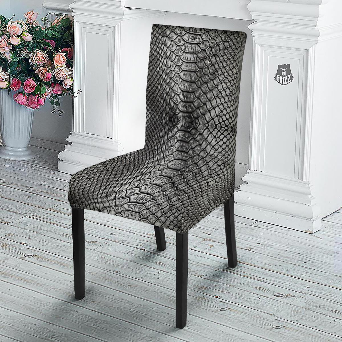 Snakeskin Black And Tan Print Pattern Dining Chair Slipcover-grizzshop