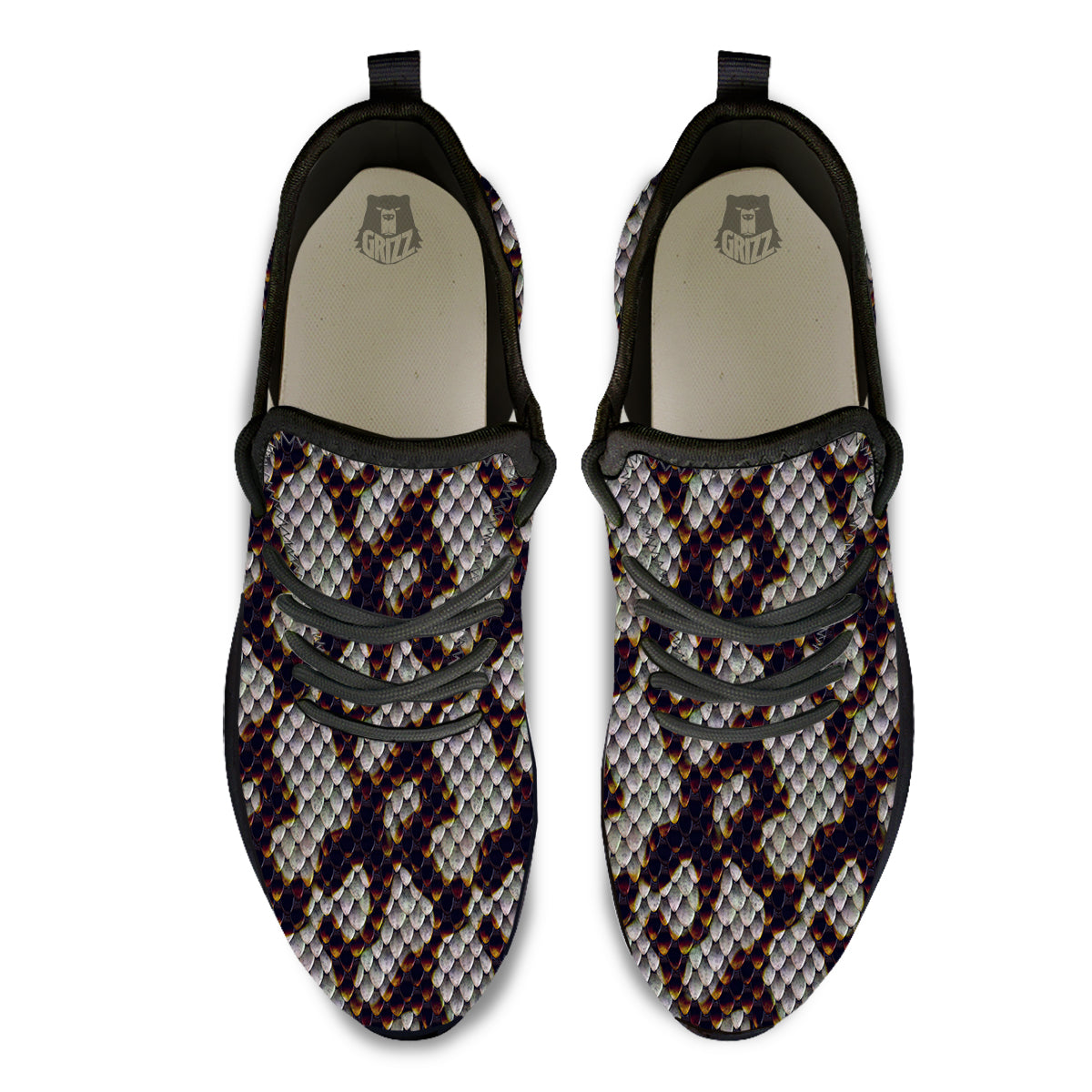Snakeskin Black And White Texture Print Black Athletic Shoes-grizzshop