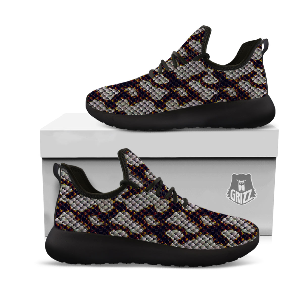Snakeskin Black And White Texture Print Black Athletic Shoes-grizzshop