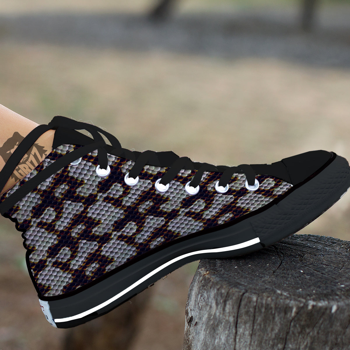 Snakeskin Black And White Texture Print Black High Top Shoes-grizzshop