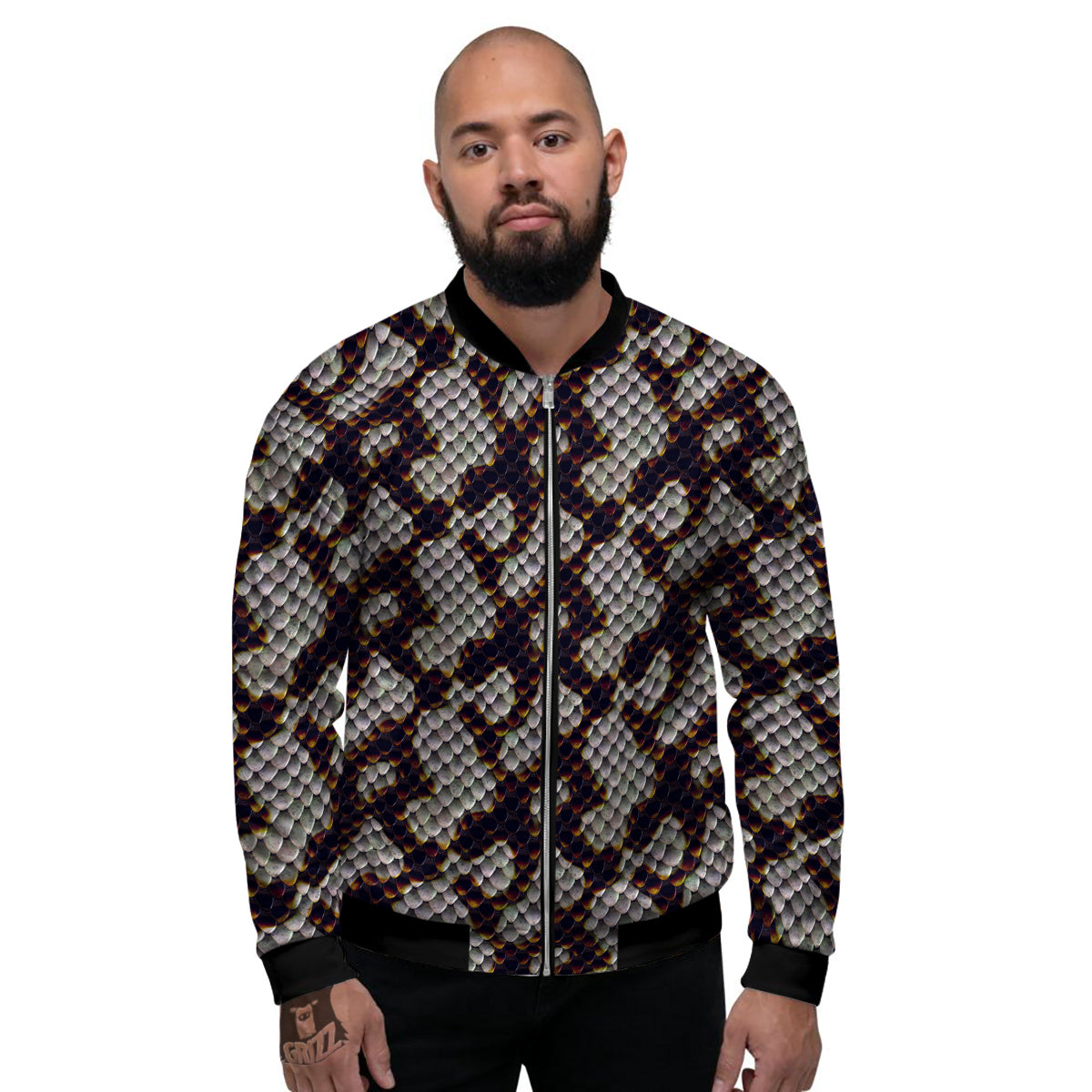 Snakeskin Black And White Texture Print Men's Bomber Jacket-grizzshop