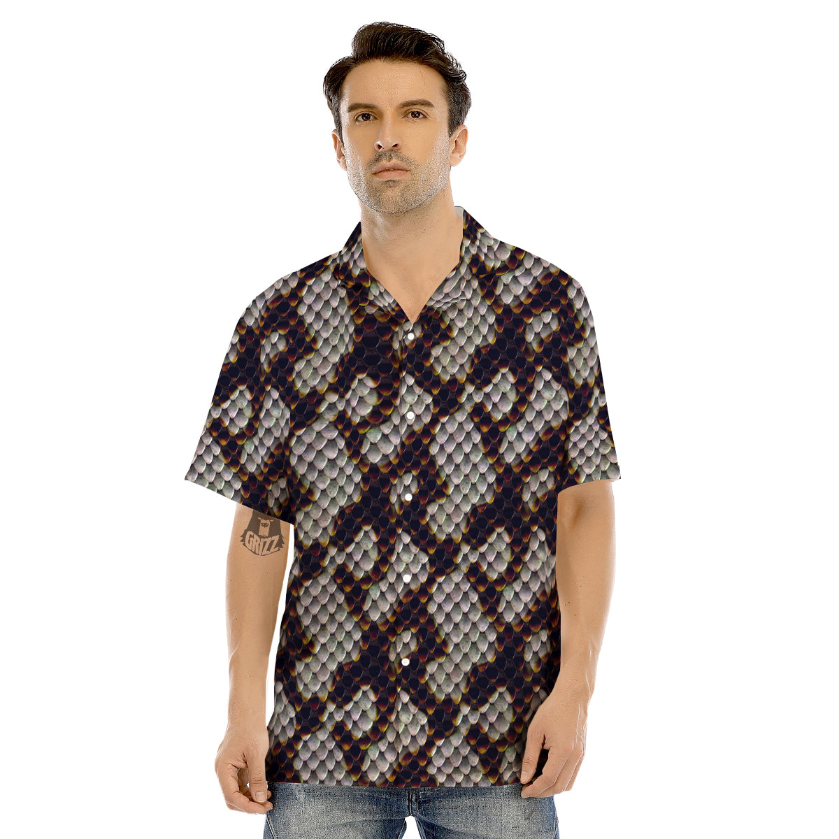 Snakeskin Black And White Texture Print Men's Hawaiian Shirt-grizzshop