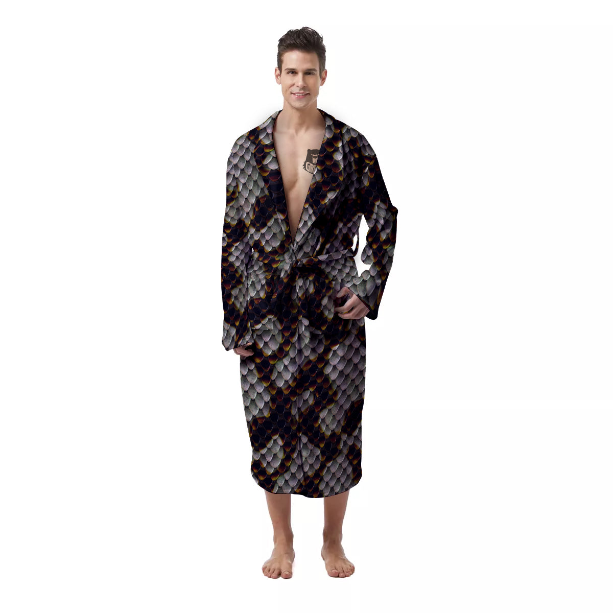 Snakeskin Black And White Texture Print Men's Robe-grizzshop