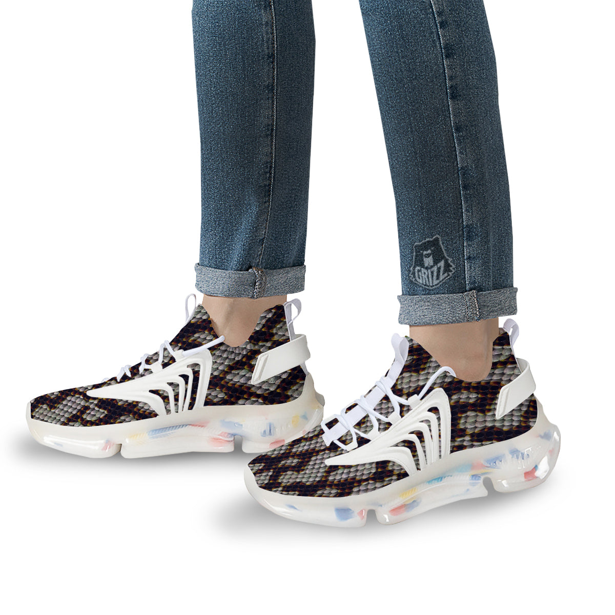 Snakeskin Black And White Texture Print White Gym Shoes-grizzshop