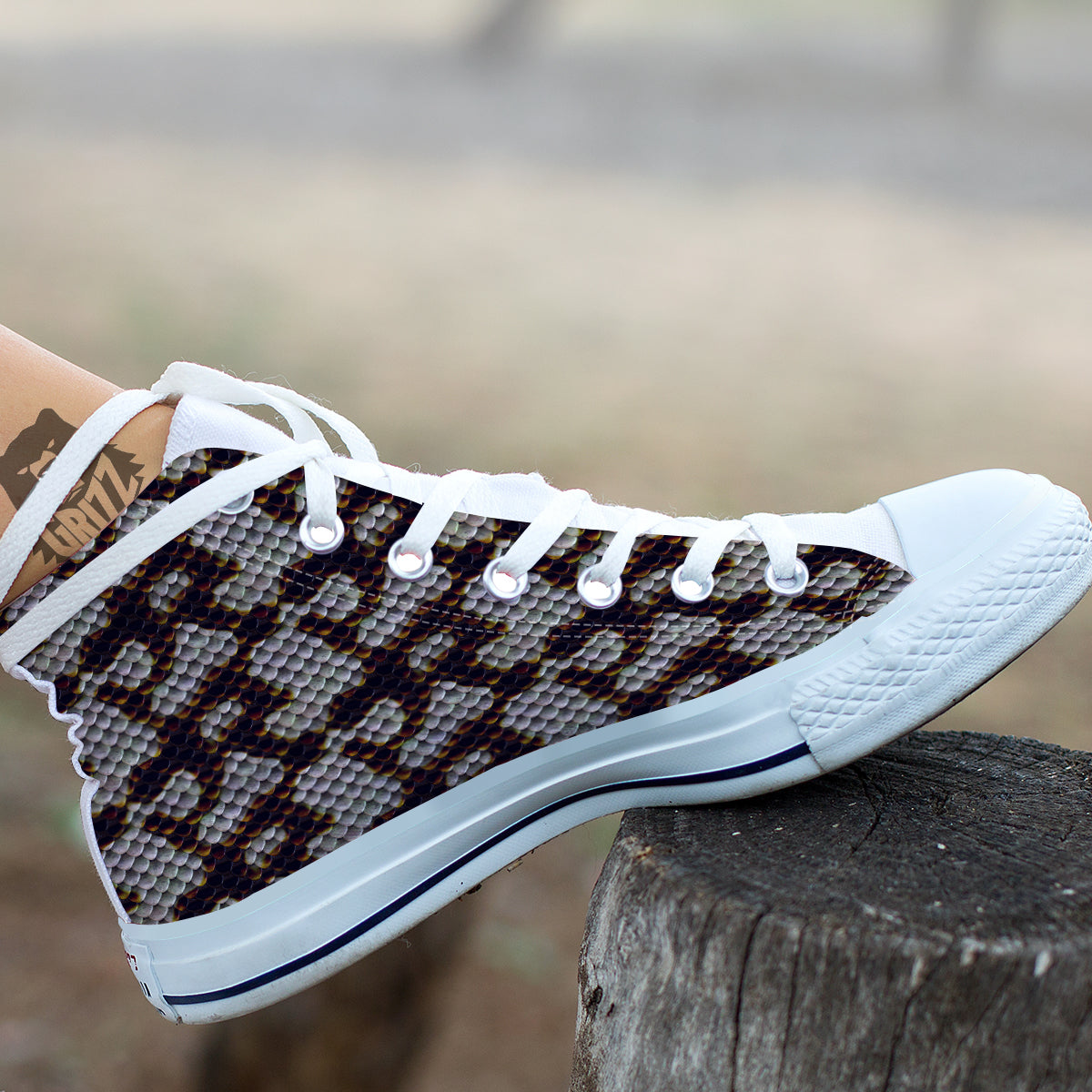 Snakeskin Black And White Texture Print White High Top Shoes-grizzshop