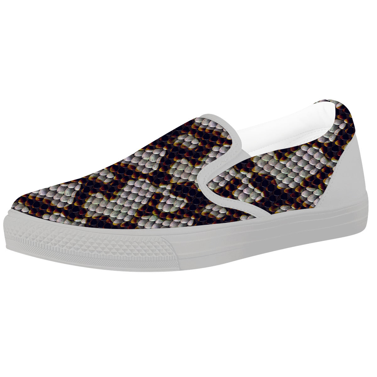 Snakeskin Black And White Texture Print White Slip On Shoes-grizzshop