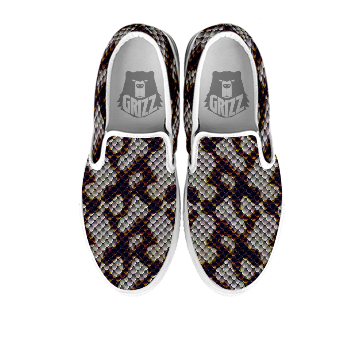 Snakeskin Black And White Texture Print White Slip On Shoes-grizzshop