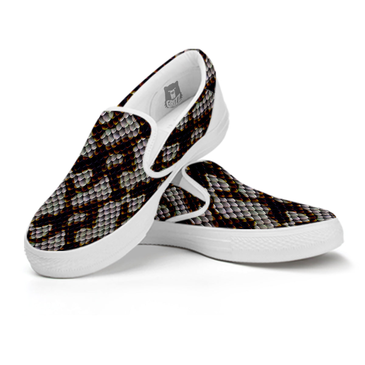Snakeskin Black And White Texture Print White Slip On Shoes-grizzshop