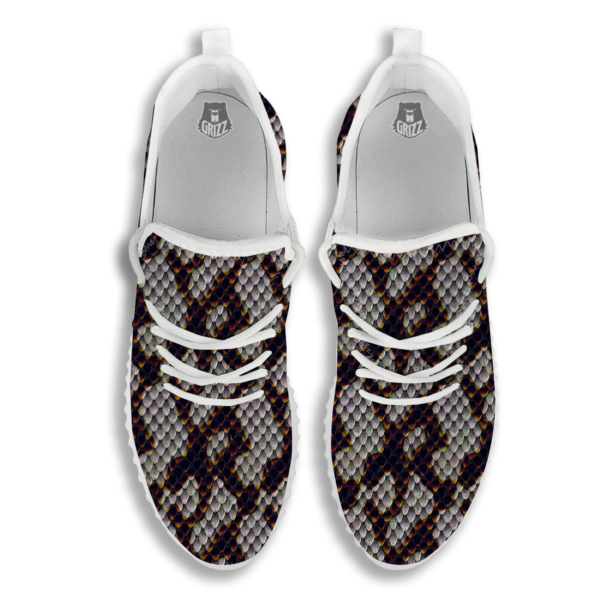 Snakeskin Black And White Texture Print White Walking Shoes-grizzshop