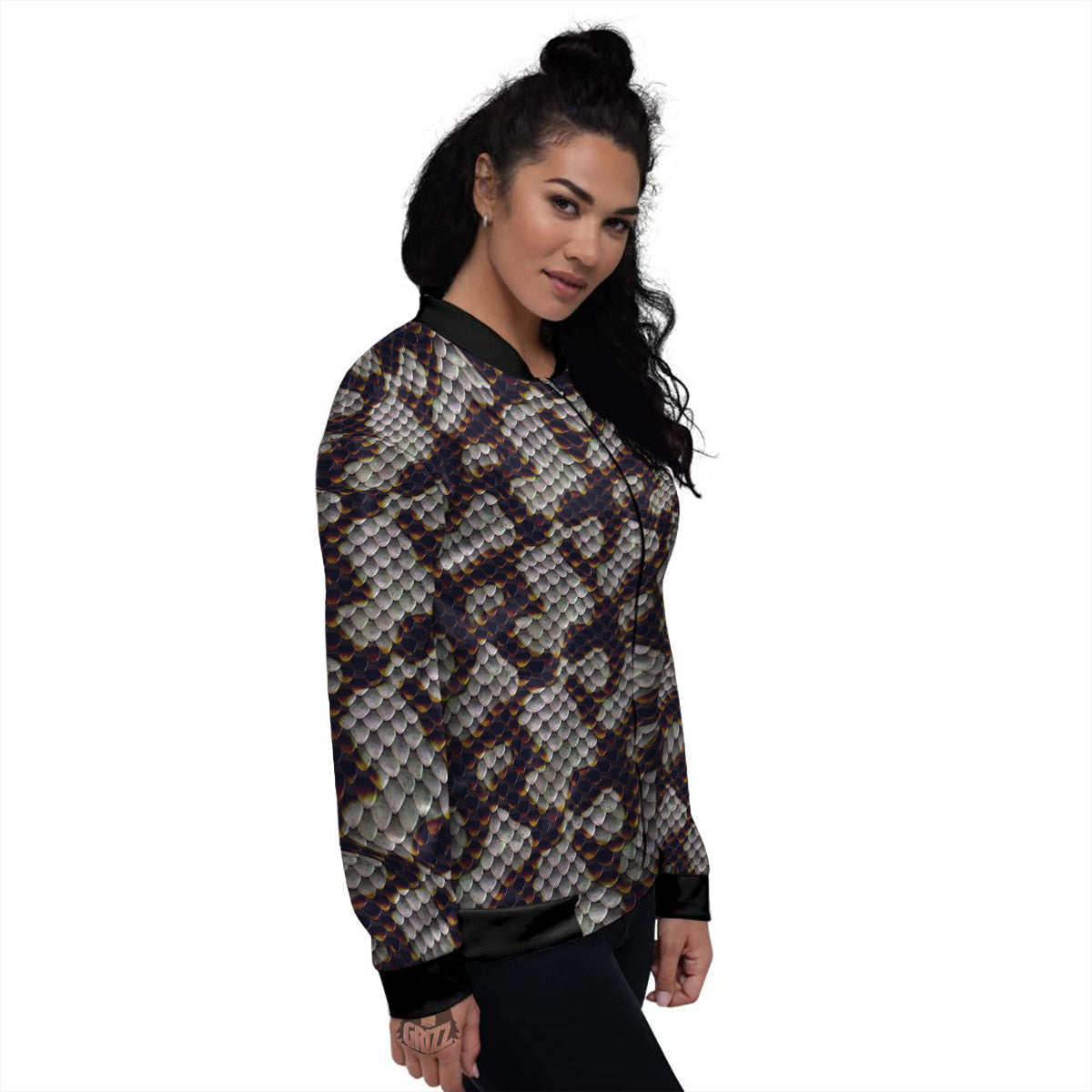 Snakeskin Black And White Texture Print Women's Bomber Jacket-grizzshop