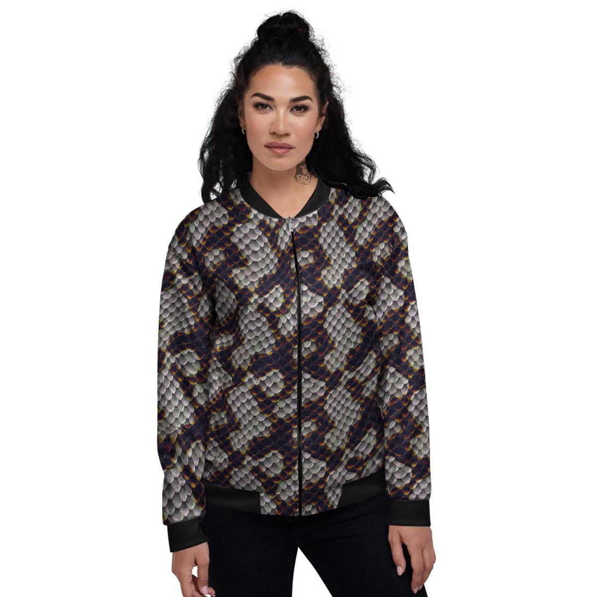 Snakeskin Black And White Texture Print Women's Bomber Jacket-grizzshop