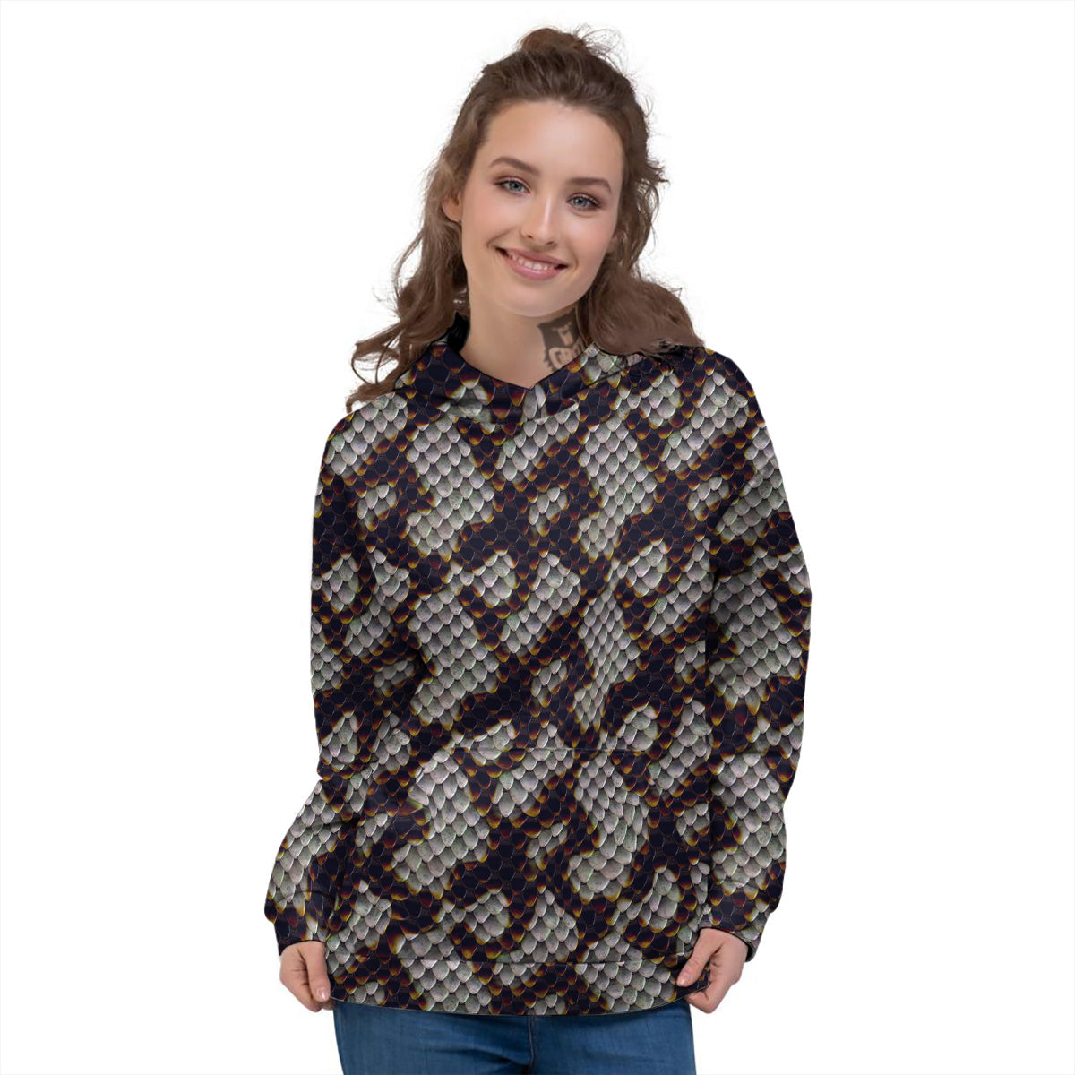 Snakeskin Black And White Texture Print Women's Hoodie-grizzshop