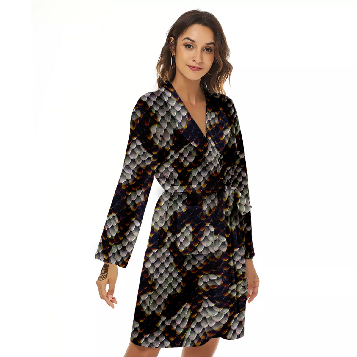 Snakeskin Black And White Texture Print Women's Robe-grizzshop