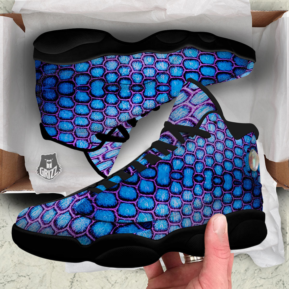 Snakeskin Blue And Purple Print Pattern Black Basketball Shoes-grizzshop