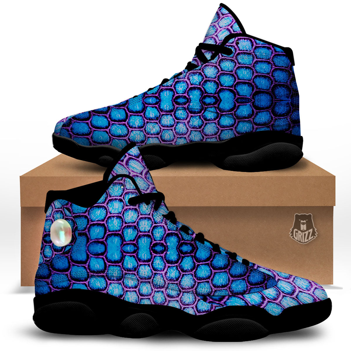 Snakeskin Blue And Purple Print Pattern Black Basketball Shoes-grizzshop