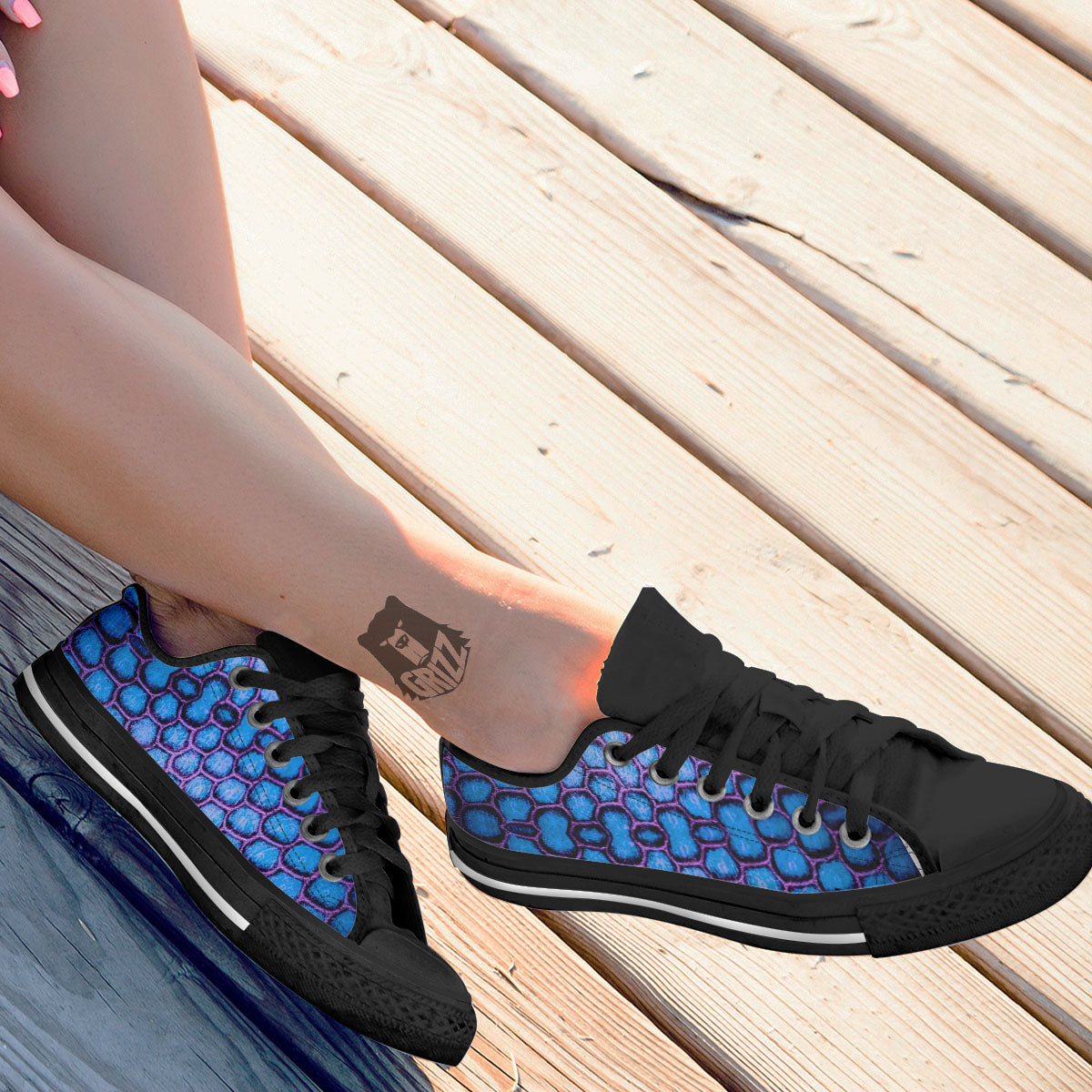 Snakeskin Blue And Purple Print Pattern Black Low Top Shoes-grizzshop