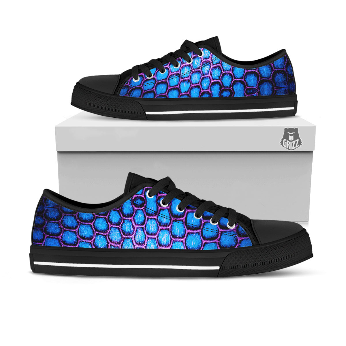 Snakeskin Blue And Purple Print Pattern Black Low Top Shoes-grizzshop