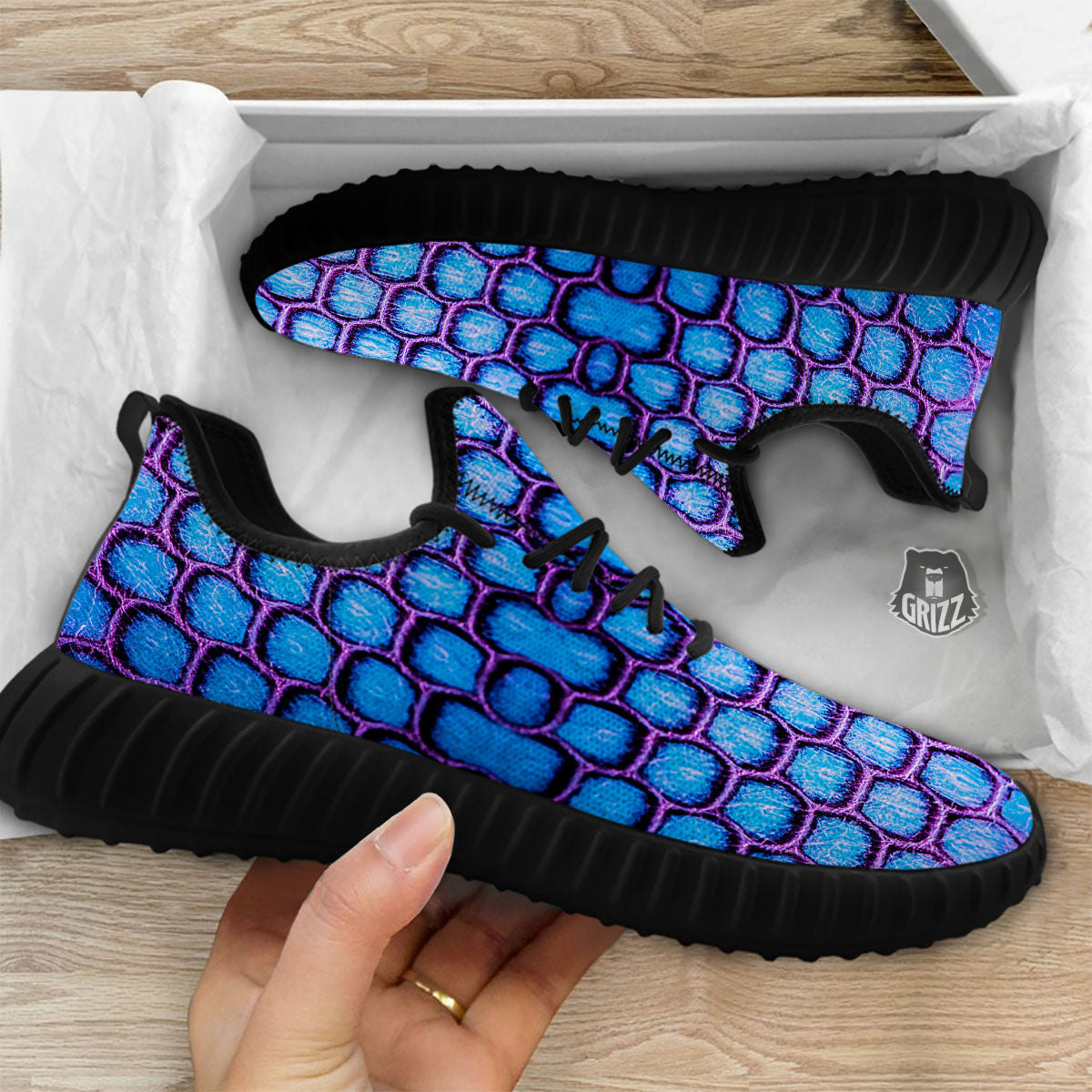 Snakeskin Blue And Purple Print Pattern Black Walking Shoes-grizzshop