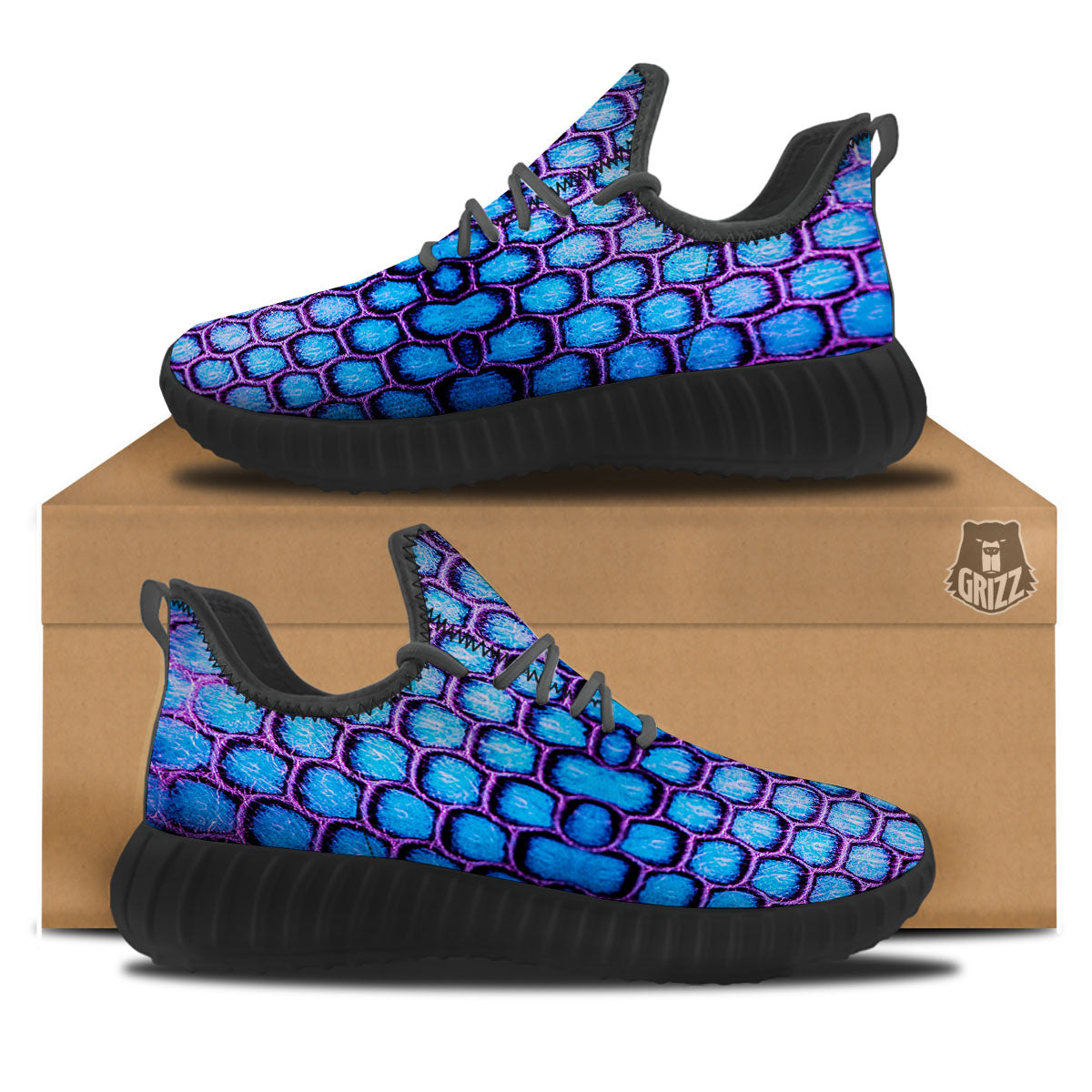 Snakeskin Blue And Purple Print Pattern Black Walking Shoes-grizzshop