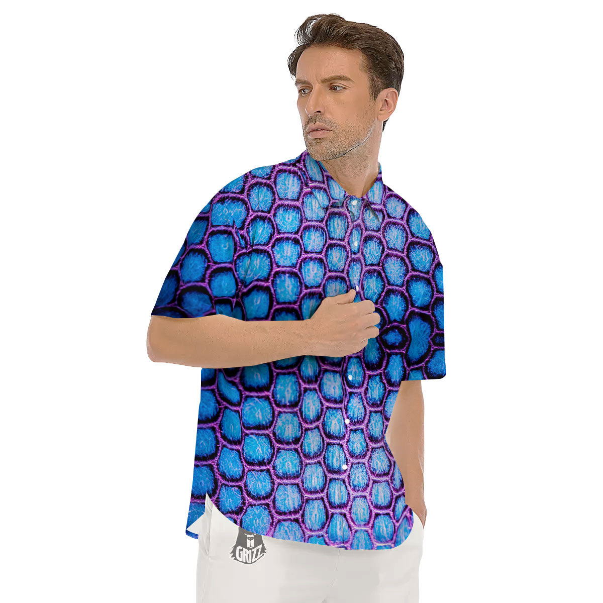 Snakeskin Blue And Purple Print Pattern Men's Short Sleeve Shirts-grizzshop