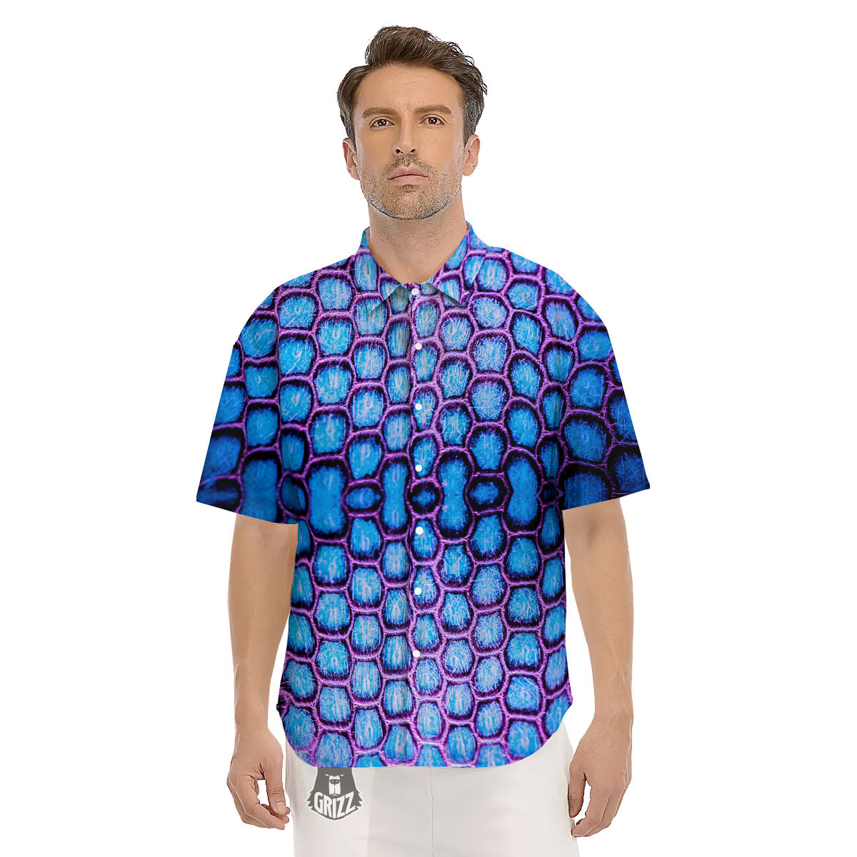 Snakeskin Blue And Purple Print Pattern Men's Short Sleeve Shirts-grizzshop