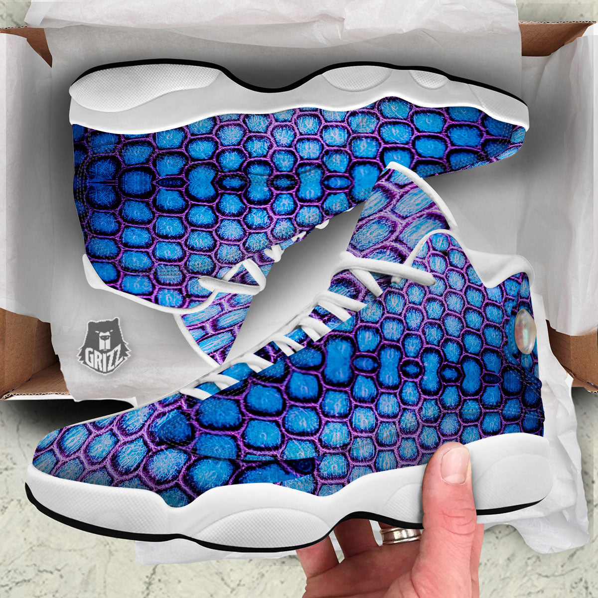 Snakeskin Blue And Purple Print Pattern White Basketball Shoes-grizzshop