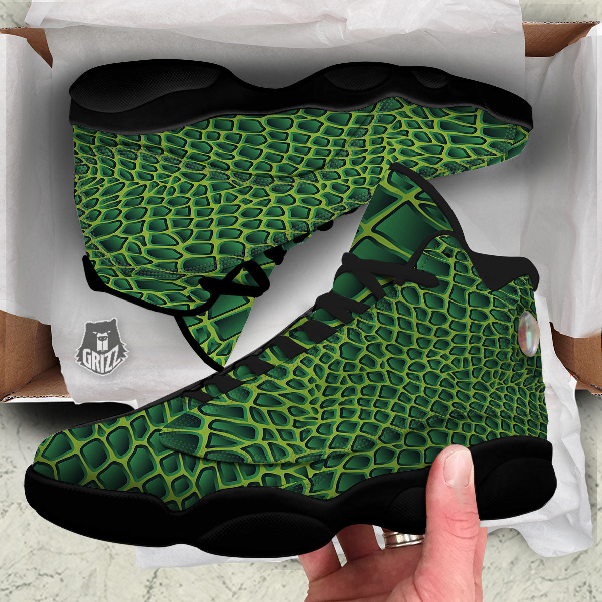 Snakeskin Green Print Black Basketball Shoes-grizzshop