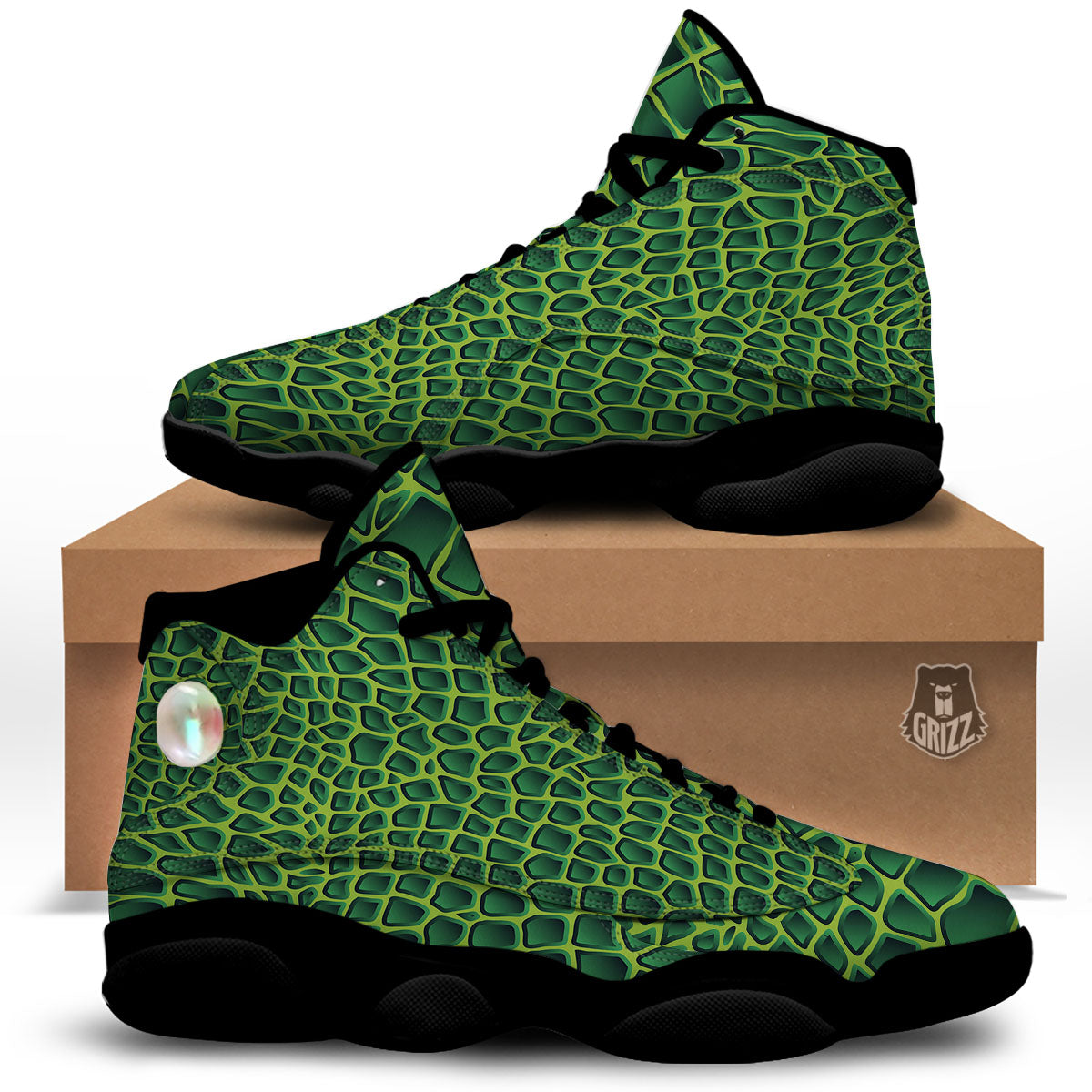 Snakeskin Green Print Black Basketball Shoes-grizzshop