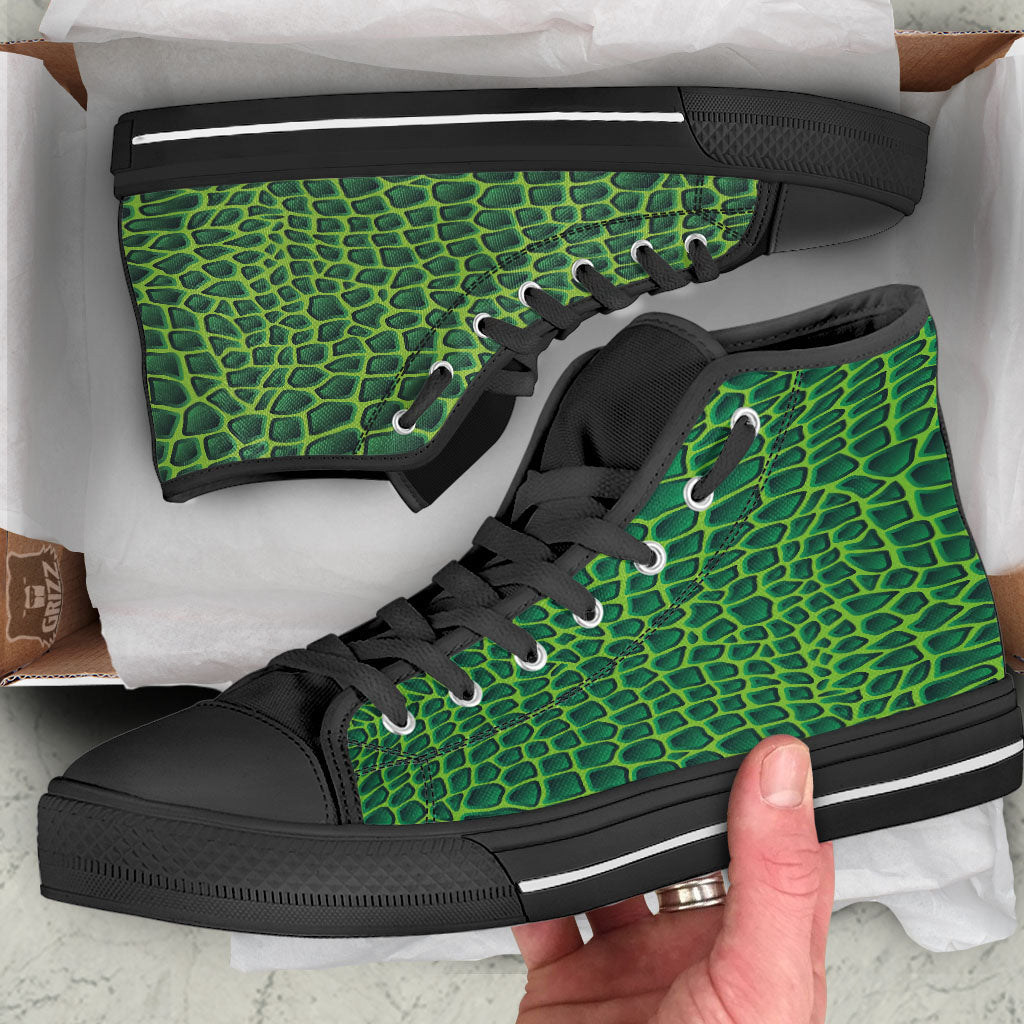 Snakeskin Green Print Black High Top Shoes-grizzshop