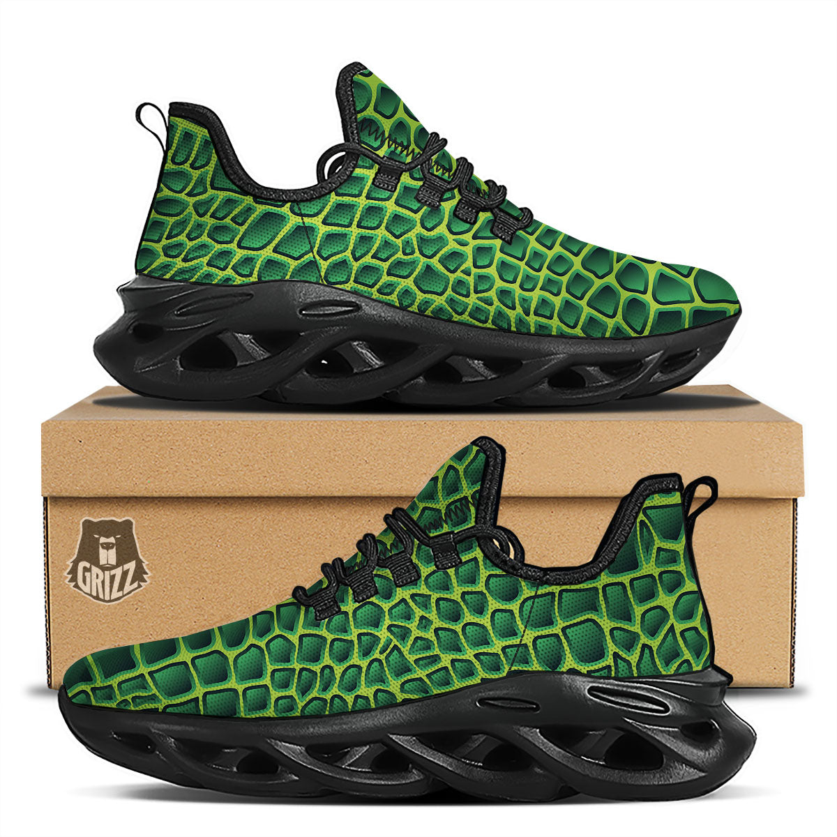 Snakeskin Green Print Black Running Shoes-grizzshop