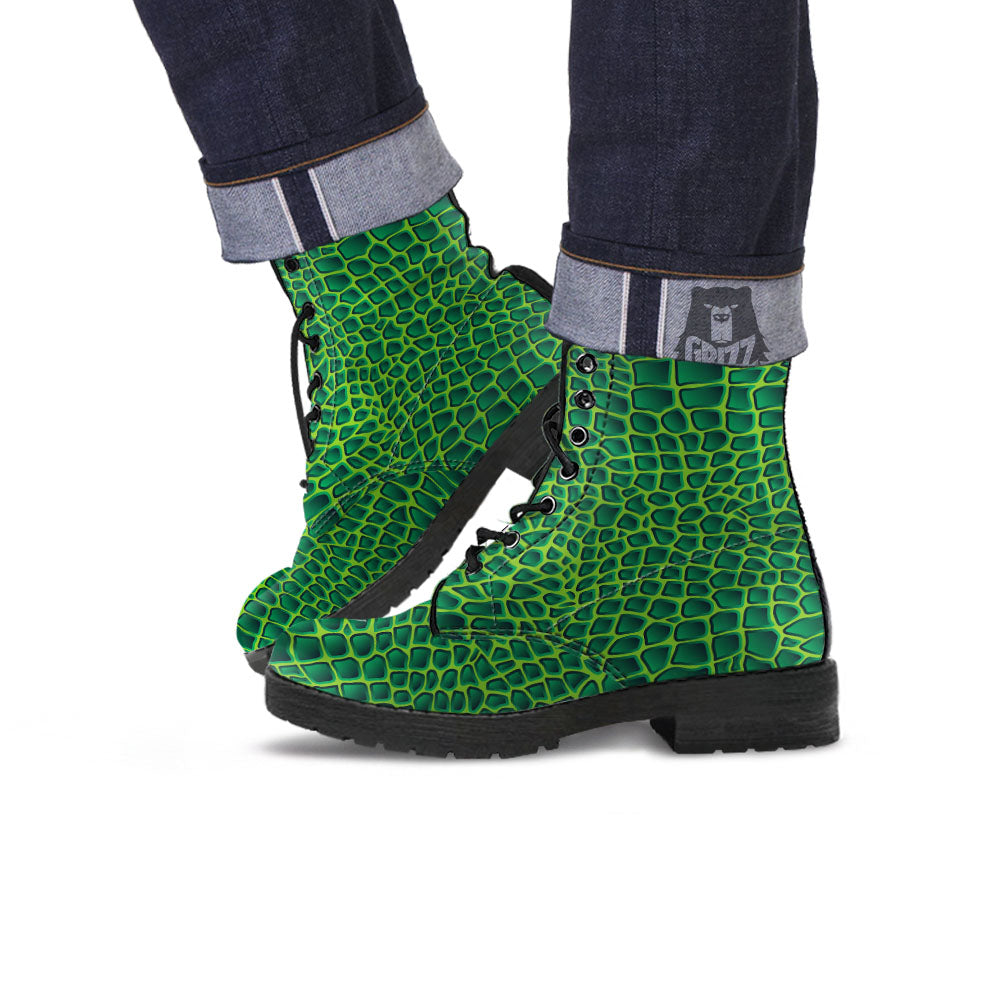 Snakeskin Green Print Leather Boots-grizzshop