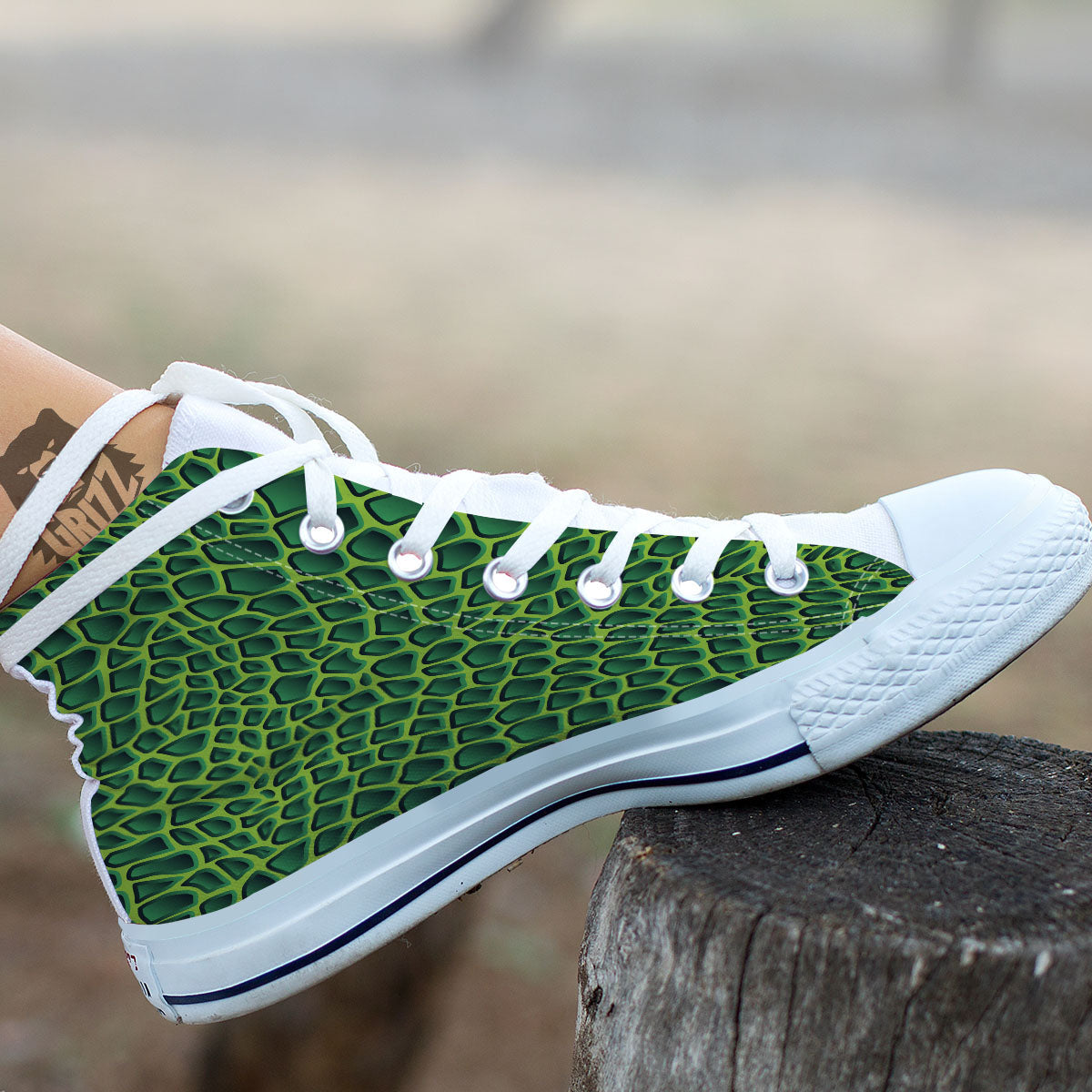 Snakeskin Green Print White High Top Shoes-grizzshop