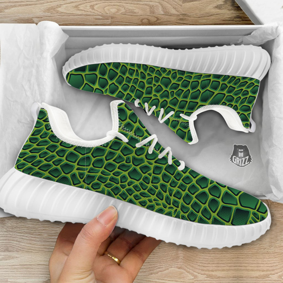 Snakeskin Green Print White Walking Shoes-grizzshop
