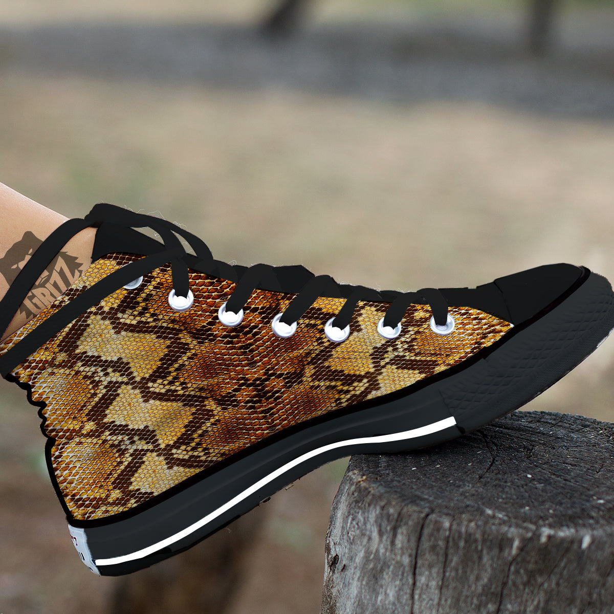 Snakeskin Leathers Print Black High Top Shoes-grizzshop