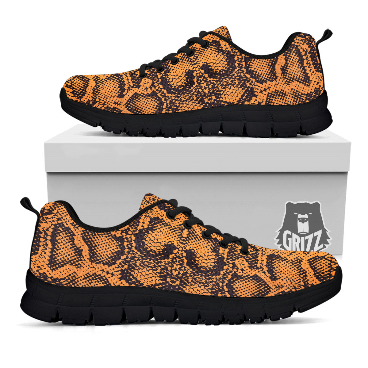 Snakeskin Orange Print Pattern Black Sneaker-grizzshop