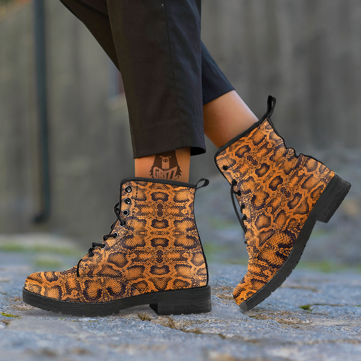 Snakeskin Orange Print Pattern Leather Boots-grizzshop
