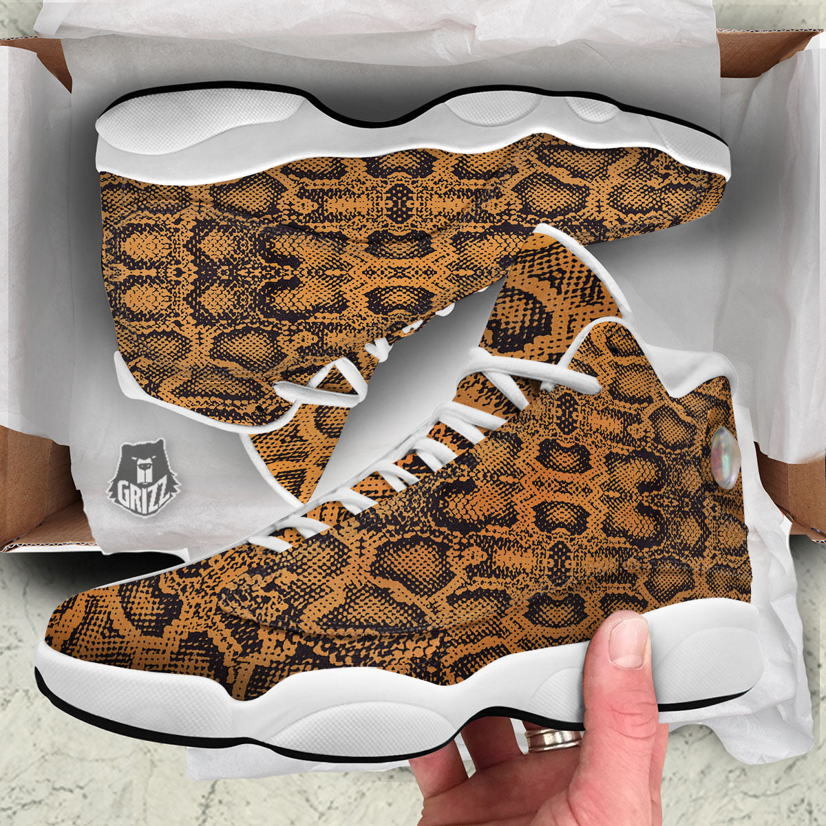 Snakeskin Orange Print Pattern White Basketball Shoes-grizzshop