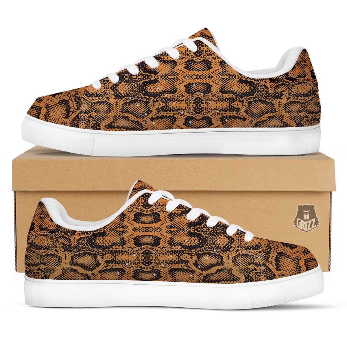 Snakeskin Orange Print Pattern White Low Top Sneakers-grizzshop