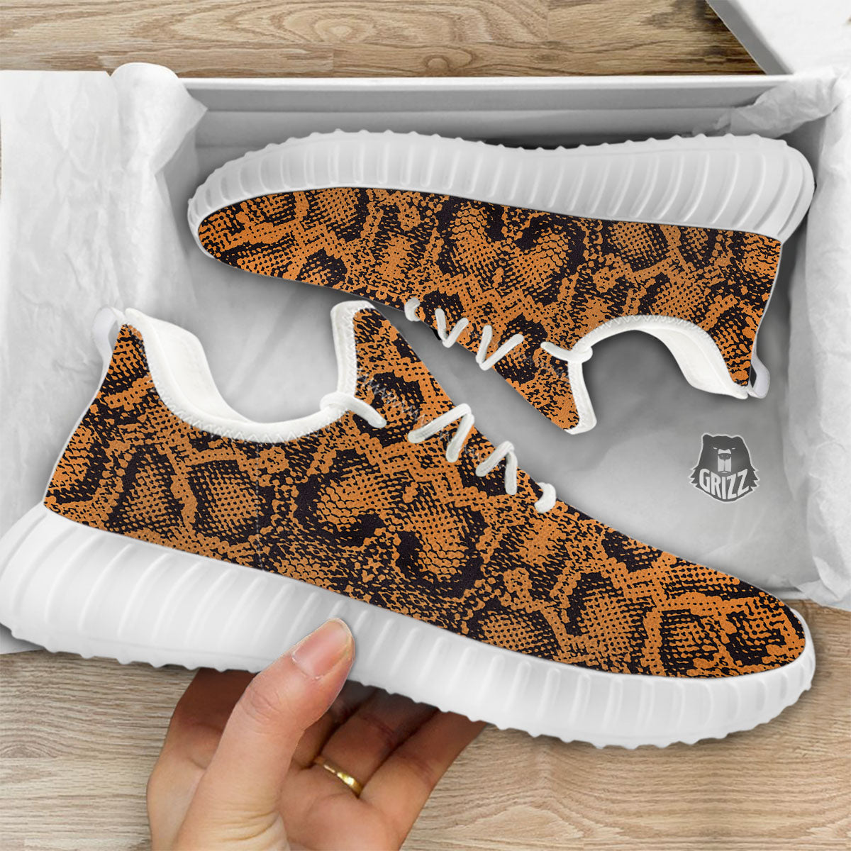 Snakeskin Orange Print Pattern White Walking Shoes-grizzshop