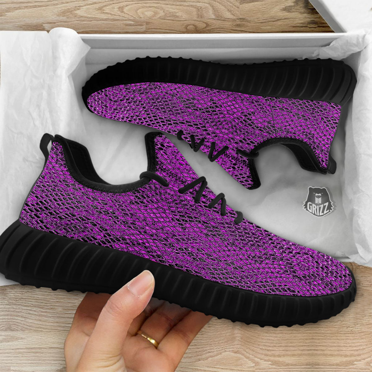 Snakeskin Purple Print Pattern Black Walking Shoes-grizzshop