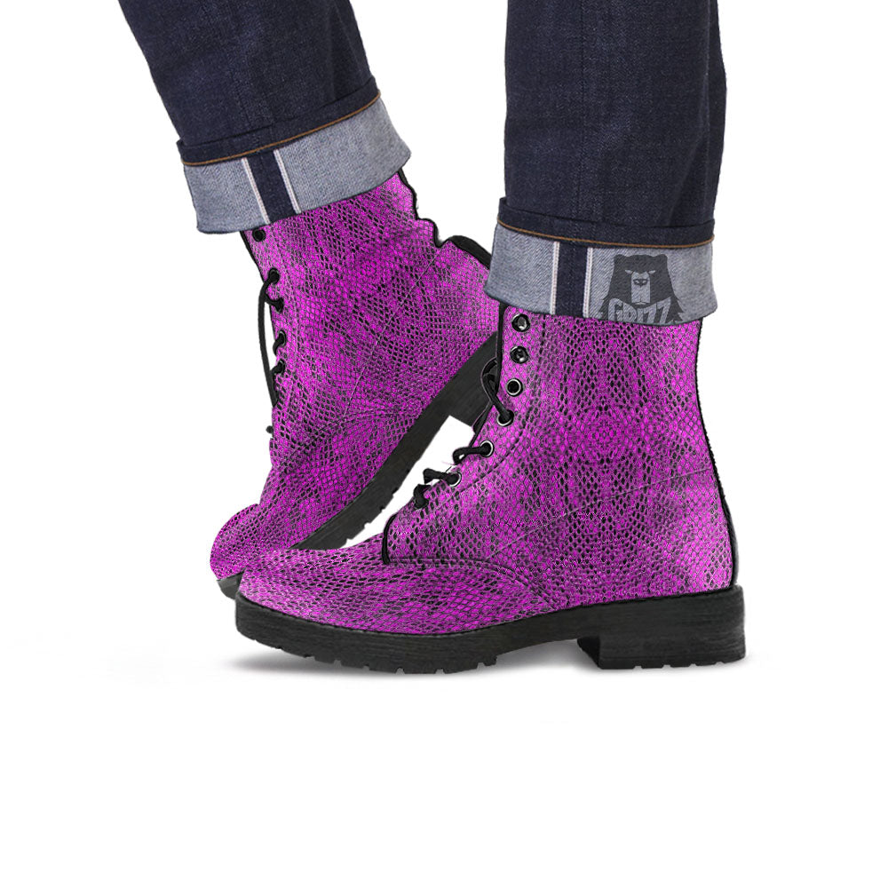 Snakeskin Purple Print Pattern Leather Boots-grizzshop