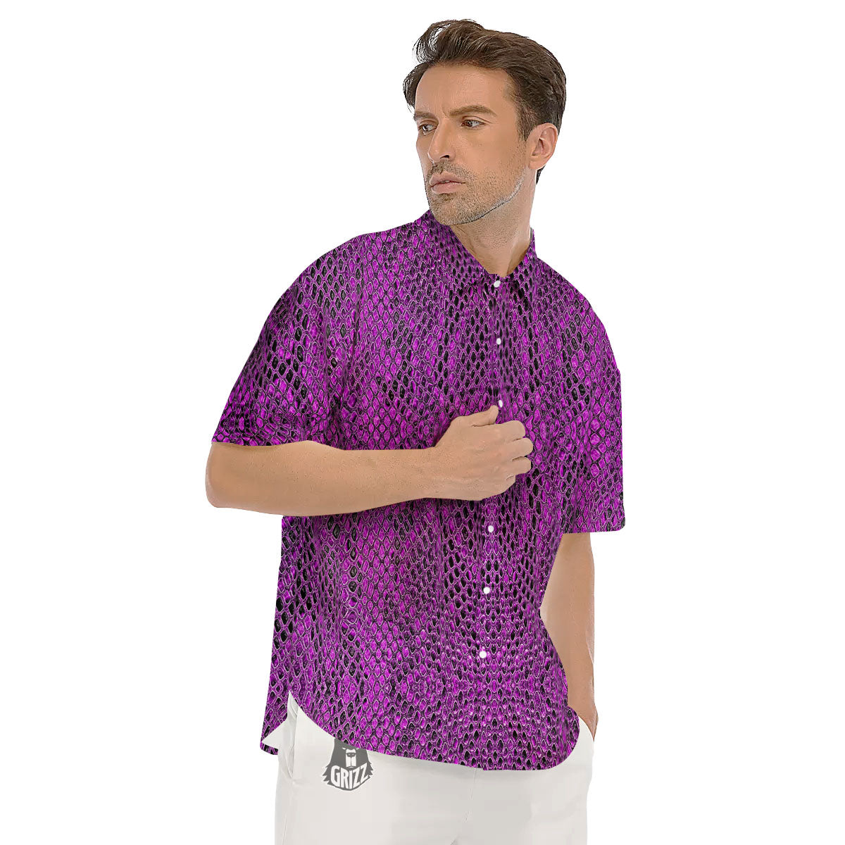 Snakeskin Purple Print Pattern Men's Short Sleeve Shirts-grizzshop