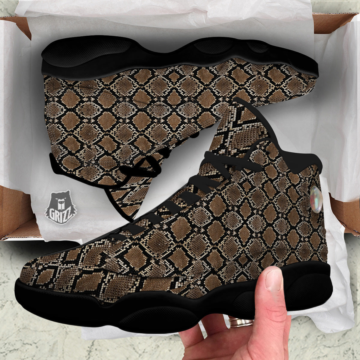 Snakeskin Python Brown Print Black Basketball Shoes-grizzshop
