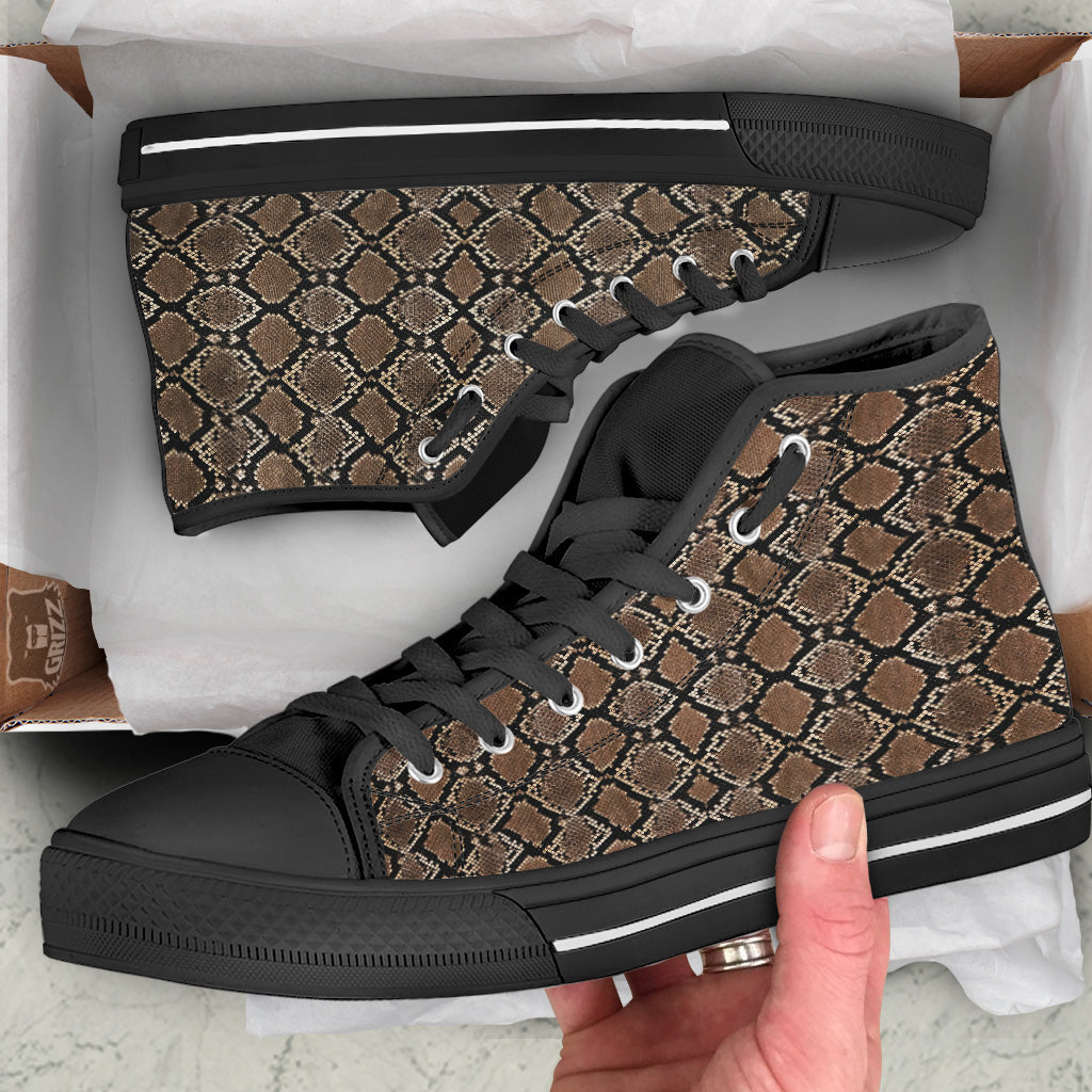 Snakeskin Python Brown Print Black High Top Shoes-grizzshop
