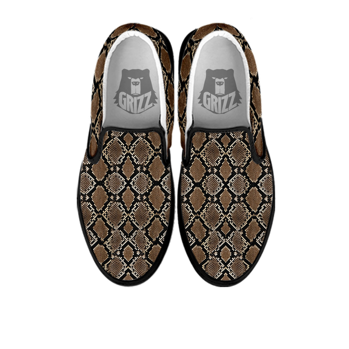 Snakeskin Python Brown Print Black Slip On Shoes-grizzshop