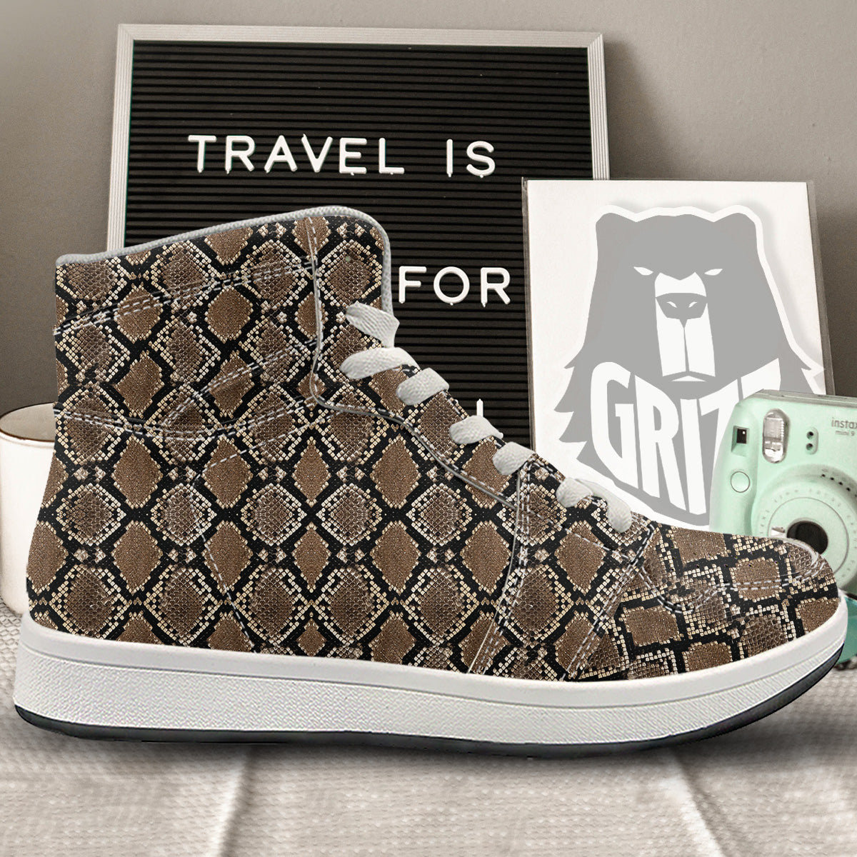 Snakeskin Python Brown Print High Top Sneakers-grizzshop